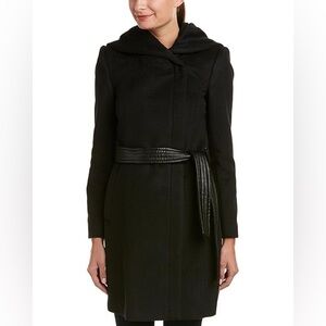 Cole Haan Women Belted Asymmetrical Wool Blend Coat Black Shawl Collar Hood 12